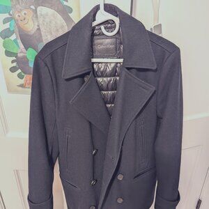 Calvin Klein, Double-Breasted, Wool-Blend, Pea Coat, Navy. Men's small